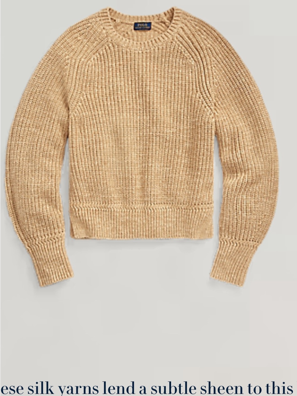 Polo by Ralph Lauren Tan chunky knit Crewneck Sweater. Cotton/Linen/Silk blend